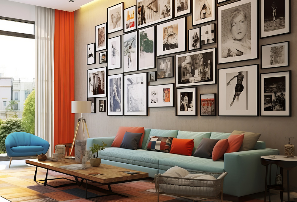 Fotogalerijas un sienu gleznojumi modernā viesistabā.